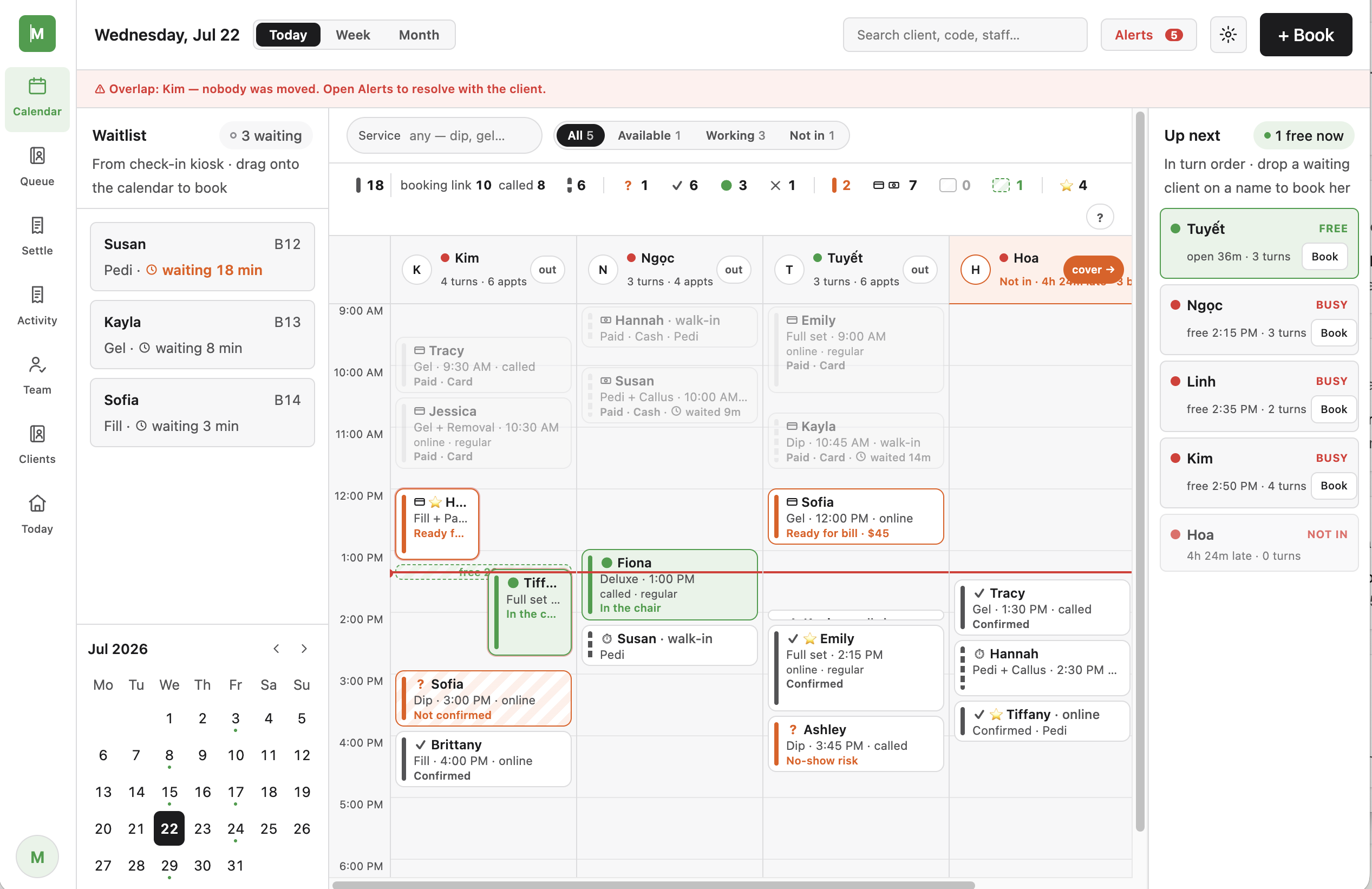 Salon OS desktop calendar prototype with waitlist, technician columns, and an up-next turn queue.