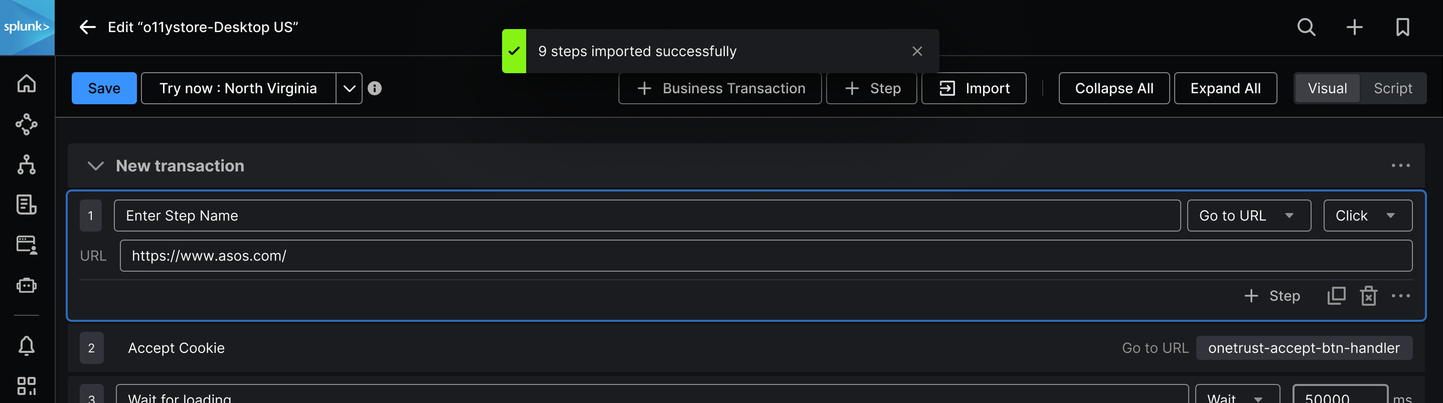 Splunk Synthetics editor showing Chrome-recorded steps imported as editable test steps.