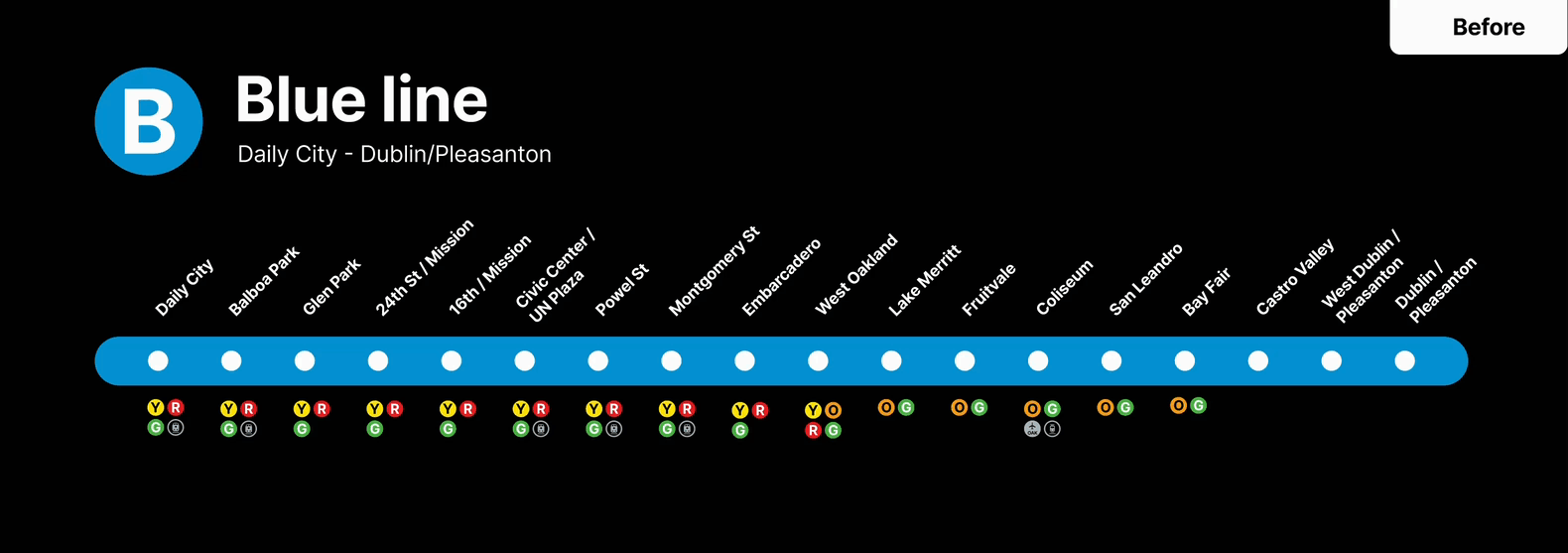 Apple Maps comparison showing BART line color and stop number integrated into directions.