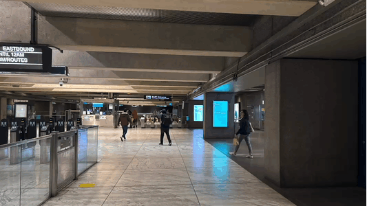 Animated BART station sign concept with a prominent numbered exit identifier.
