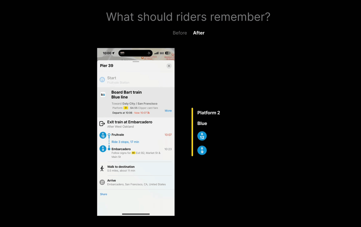Animated comparison showing how route color and numbered stops make a BART trip easier to remember.