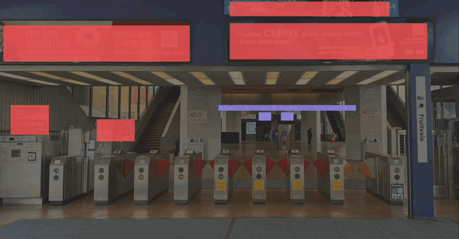 Animated analysis of BART station signage, including information hierarchy, size, and placement problems.